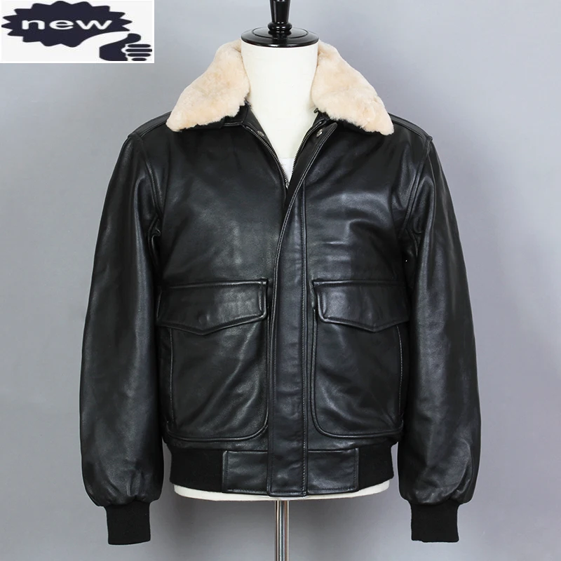 

AVIREX FLY Fashion Air Force Bomber Black Genuine Jacket Men Sheepskin Fur collar Loose Real Leather Winter Coat
