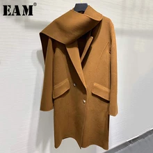 [EAM] свободное двубортное коричневое шерстяное пальто, парки, новинка, длинный рукав, женская мода, Осень-зима, 1H706