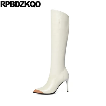 

stiletto ladies beige designer shoes women luxury 2019 tall boots winter pointed toe high heel long knee fashion fur patchwork