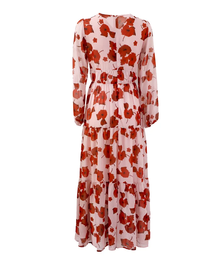 Delocah Women Autumn Dress Runway Fashion Sexy Deep V-neck Floral Print Back Zipper High Waist Elegant Casual Holiday Long Dress