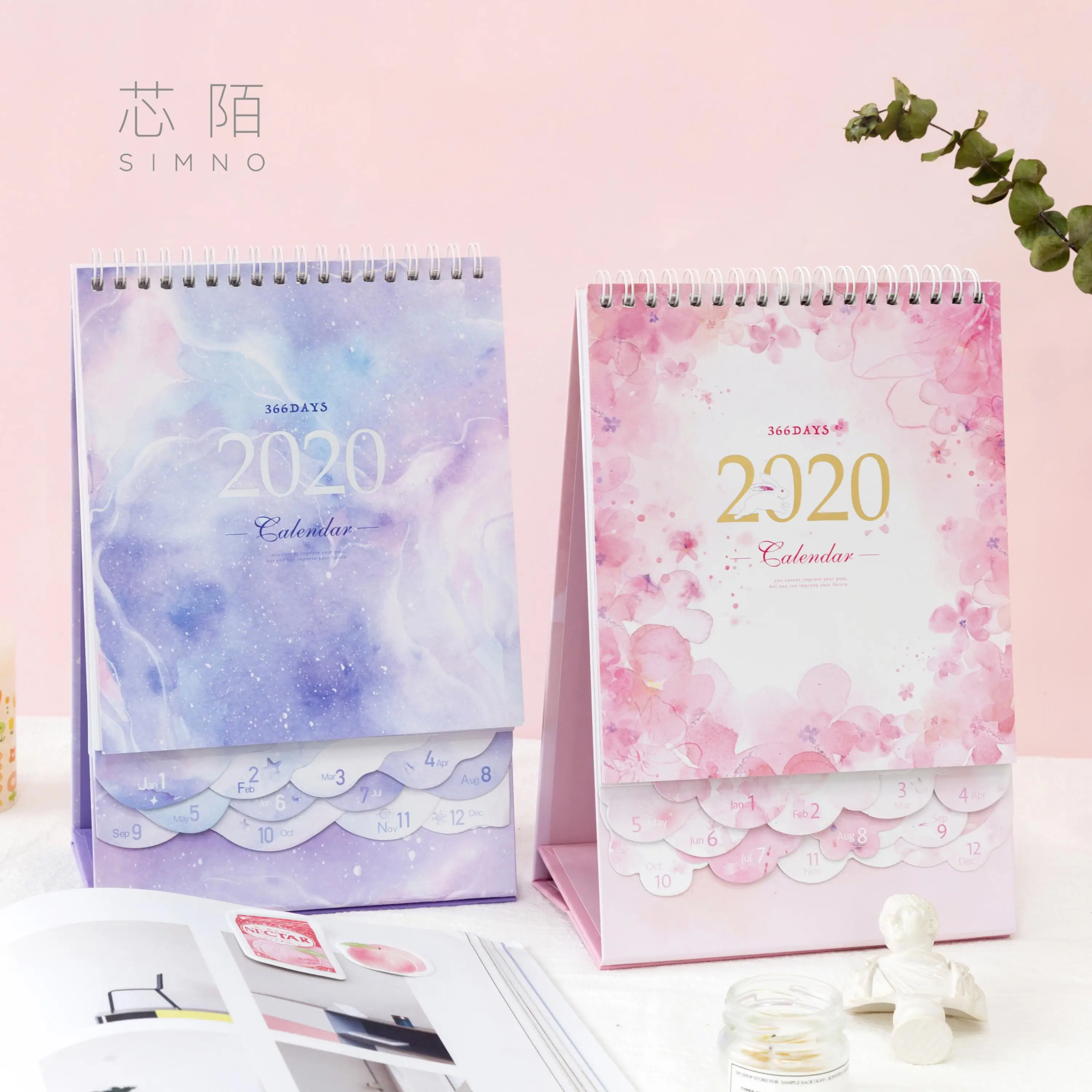 

2020 Romantic Sakura Starry Sky Desktop Standing Coil Paper Calendar Memo Daily Schedule Table Planner Yearly Agenda Organizer