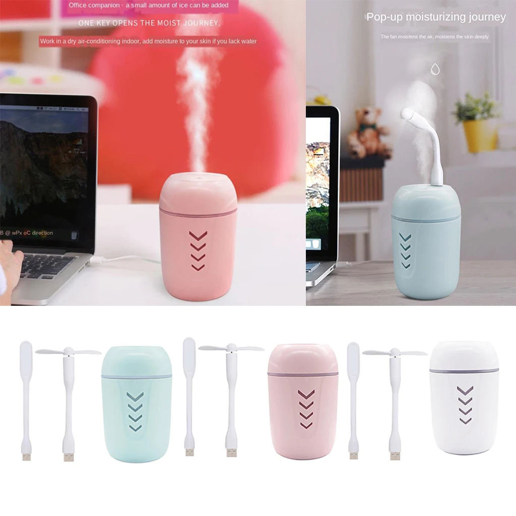 Portable Mini USB Humidifier, 200ml Low Noise  Humidifier with Colors Night Light and Mini Fan, USB Cable