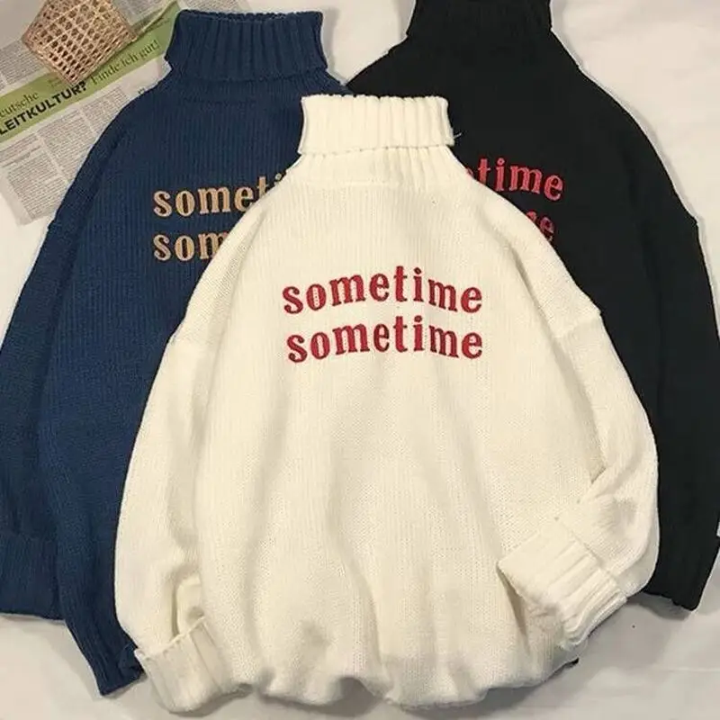 Suéter de cuello alto con letras impresas para mujer, ropa de calle holgada BF 2XL, Harajuku de talla grande, moda Chic coreana Ulzzang