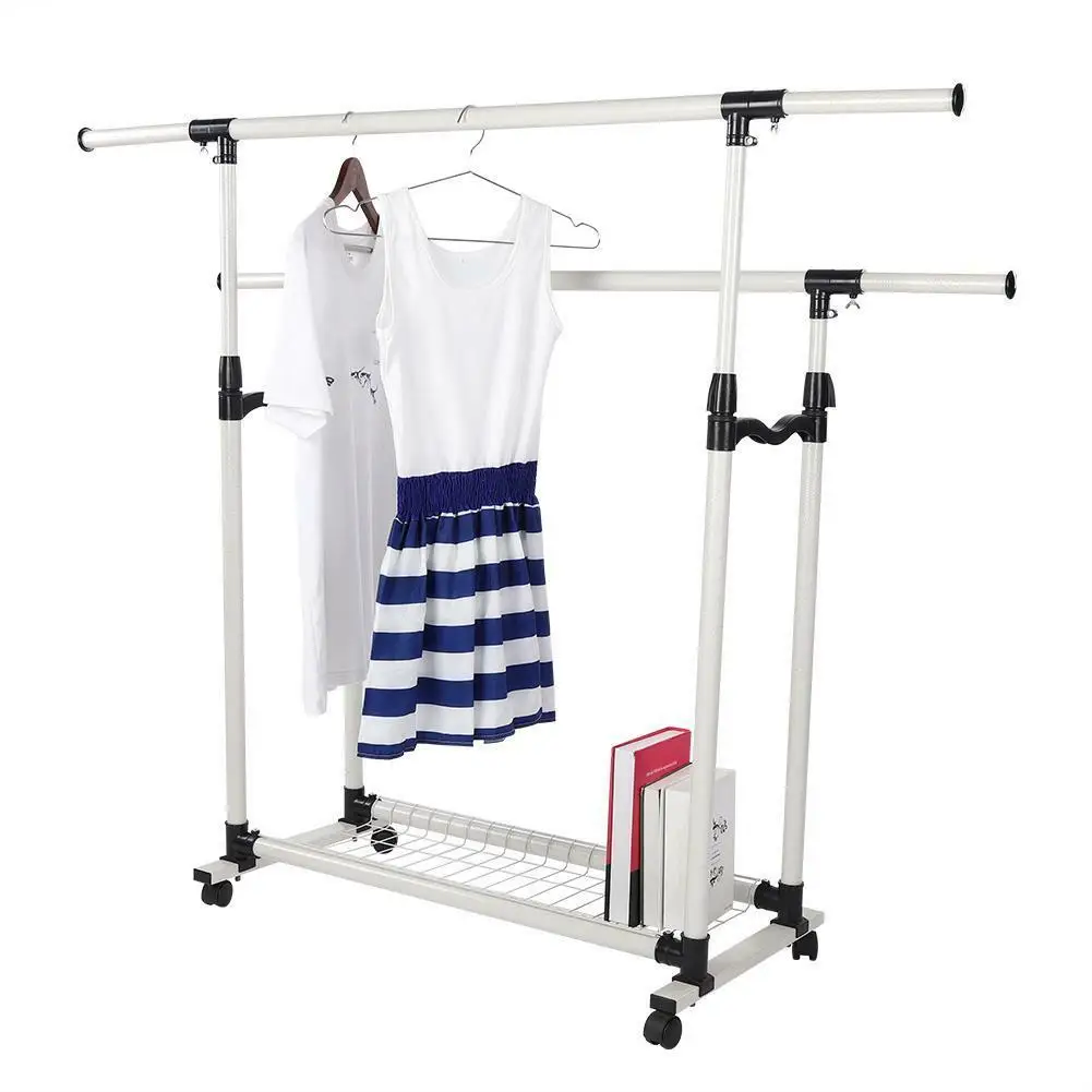 

Portable Adjustable Garment Double Rails Rack Rolling Clothes Hanger Heavy Duty