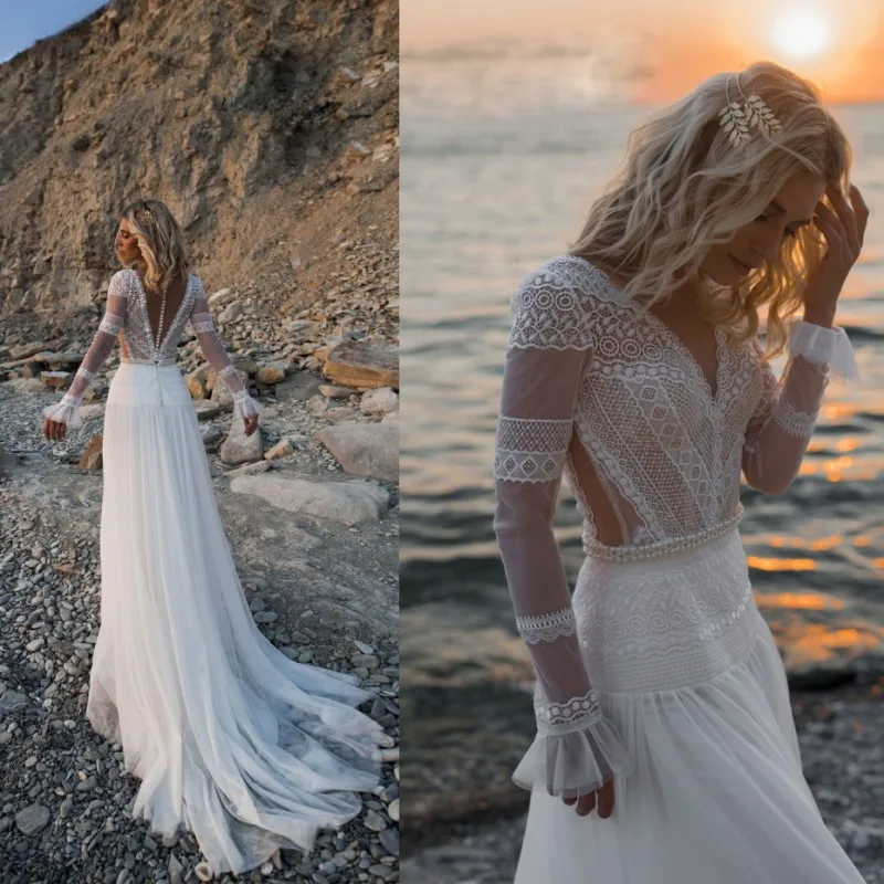 Vestido De Noiva в богемном стиле, кружевное платье с длинными рукавами свадебное платье-бохо; robe de soiree Винтаж пляжные свадебные платья высокого качества