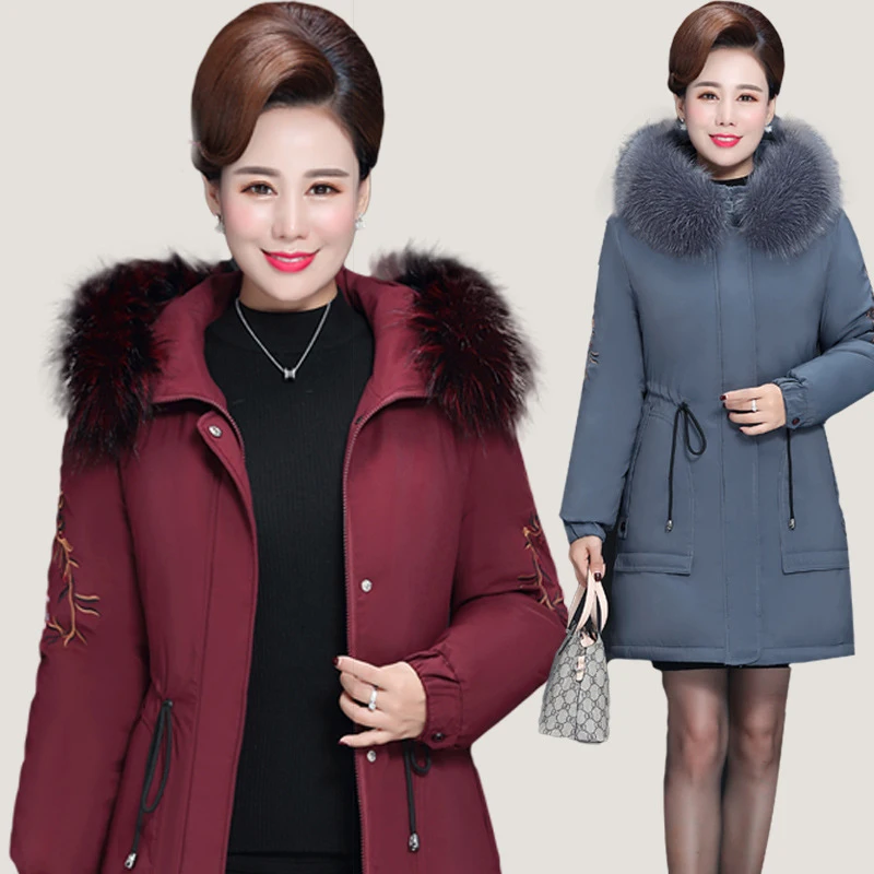 

Winter fashion middle-aged women's thick warm hooded embroidery down cotton coat long section large fur collar cotton jacke