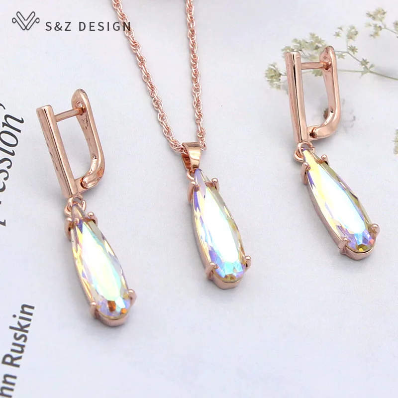 S&Z DESIGN New Fashion Water Drop Crystal Jewelry Sets For Women 585 Rose Gold Color Dangle Earrings Pendant Necklace