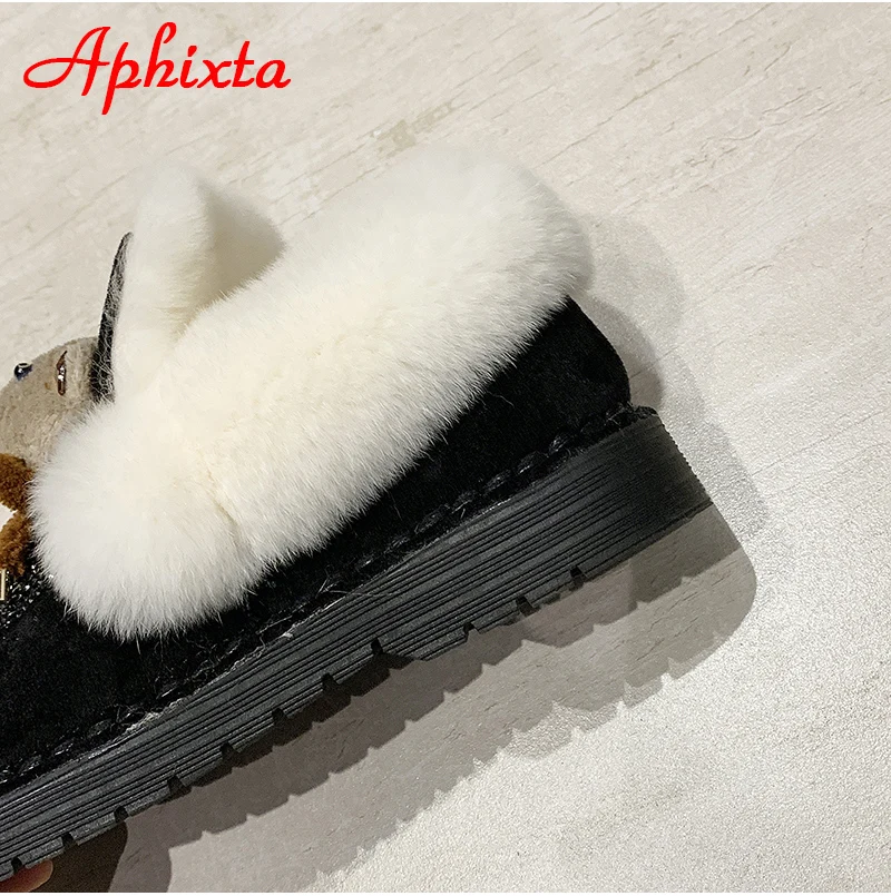 Aphixta теплые зимние ботинки с украшением в виде кристаллов; женская разноцветная зимняя обувь на плоской подошве с Плюшевым Мехом и бантом в виде медведя