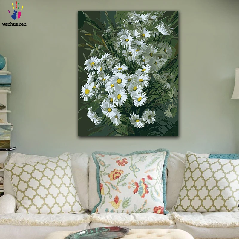DIY картинки для раскраски по номерам с цветами белая Маргаритка цветок море