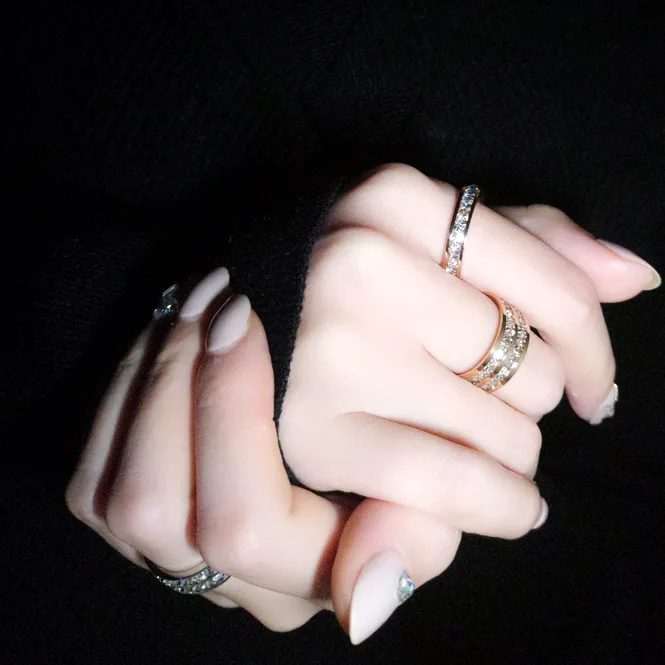 Gold Color Ring Stainless Steel Ring Finger Ring Wedding Ring Luxury Rose Gold Color Double Row Square Zircon Ring for Women