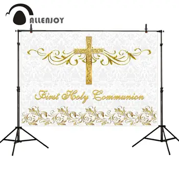 

Allenjoy background first holy communion golden cross white pattern childen baby shower boy baptism backdrop photography photo