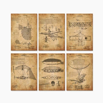 

6 in 1 vintage flying machine airplane patent art prints wall decor unframed
