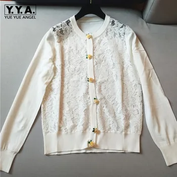 

Women Elegant Rose Buttons Lace Knitted Outwear Cardigan Crochet Hollow Out Long Sleeve Sweater Coat Ladies White Knitwear Tops