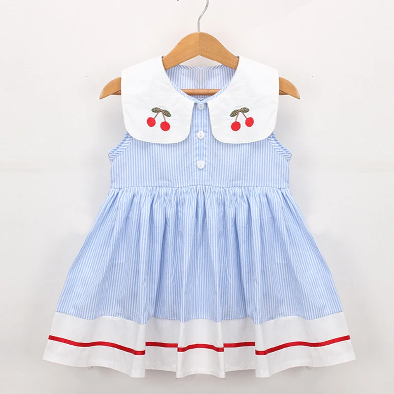 Infant Princess Dress Summer Embroidery Cherry Turn-down Collar Sleeveless Striped Cotton Toddler Girls Clothes girls dress princess costume