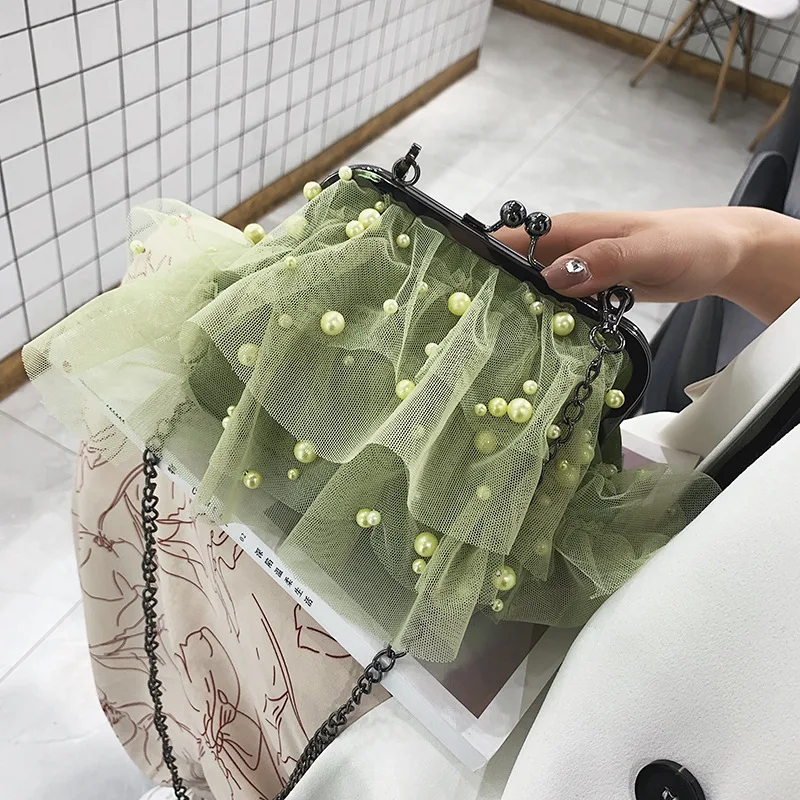 

2019 wedding season yarn net pearl iron interface shell bag sweet lady girl dream single shoulder slanted girl bag