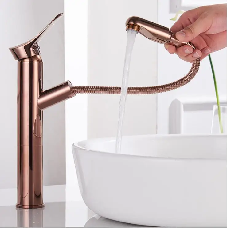 rose gold Выдвижной кран для раковины Черный латунный золотой кран для раковины для ванной комнаты с одной ручкой и отверстием для раковины винтажный смеситель для горячей и холодной воды кран - Цвет: rose gold