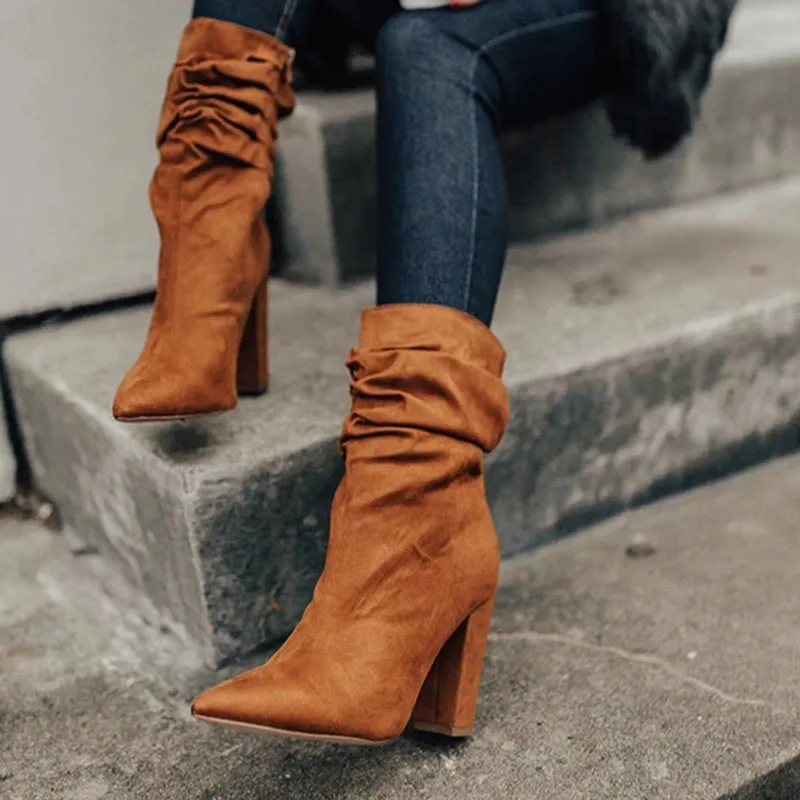

Puimentiua Ankle Boots for Women Slim Stretch Pointed Toe Sock Boots Square High Heel Boots Shoes Woman Fashion Bota Feminina