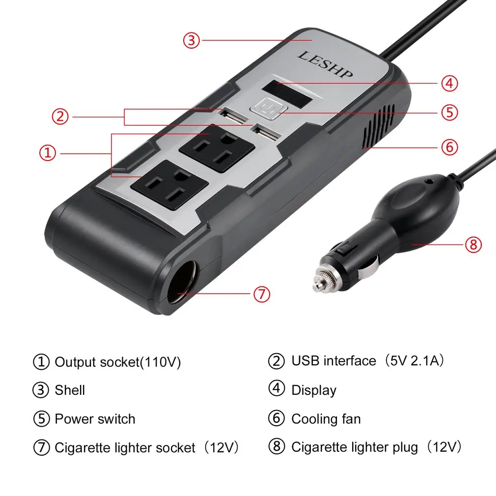 LESHP 150 Вт автомобильный инвертор с двумя выходами США 4.2A двумя портами usb для зарядки автомобильного прикуривателя, кабель DC12V для DVD