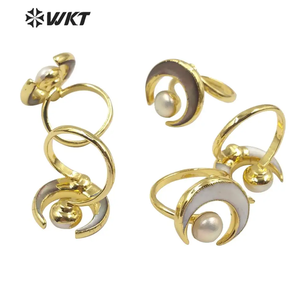 WT-R344 WKT кольцо с натуральным жемчугом кольцо в виде ракушки кольцо в форме Луны жемчуг и раковина Золотое кольцо с гальваническим покрытием регулируемое женское модное кольцо ювелирное изделие