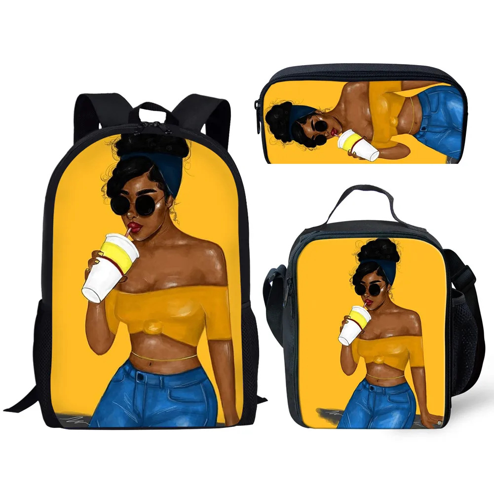 Бесшумные дизайнерские школьные рюкзаки для девочек, черный дизайн, афро-американский женский школьный рюкзак с принтом для детей, 3 шт./компл., консервативный рюкзак для книг, Детская сумка - Цвет: YQ4064CGK