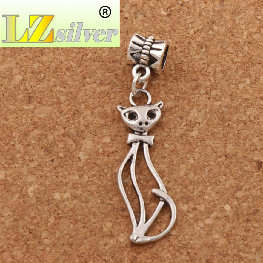 Hollow Slim Lady Cat Charm Beads 11x44mm 100pcs Zinc Alloy Dangle Fit European Bracelets B1162