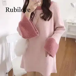 Rubilove 2019 осенне-зимнее женское трикотажное платье с длинным рукавом теплое меховое лоскутное женское платье-свитер