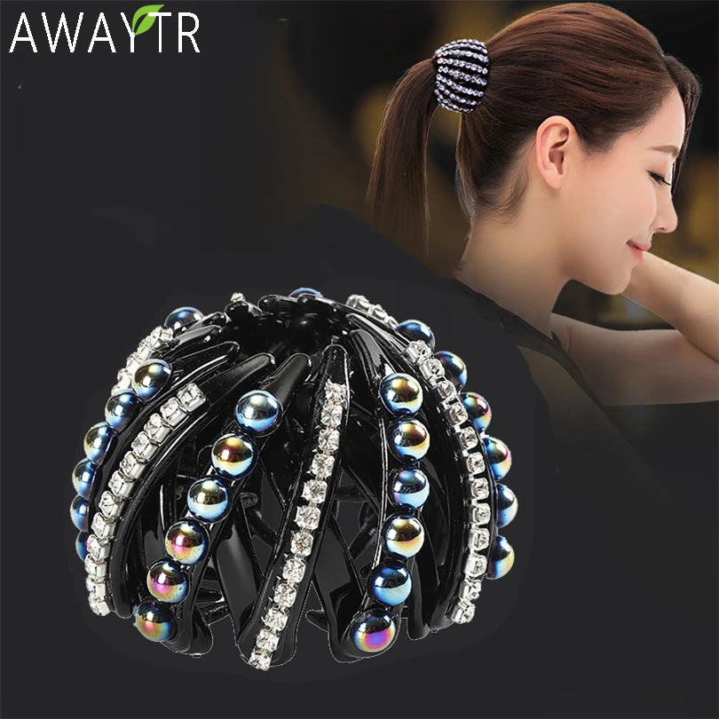 small hair clips AWAYTR Crystal Pearl Rhinestone Hair Claws Horsetail Buckle Plastic Girl Headdress Resin Bird Nest Hairpin Clip Hair Accessories claw hair clips