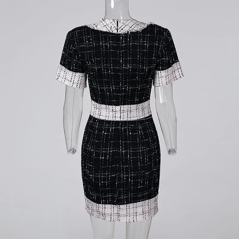 Colorblock Frayed Fringed Plaid Buttoned Blazer Dress Women Round Neck Short Sleeve Casual Mini Dress Workwear