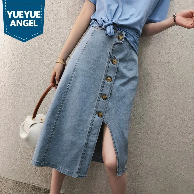 

New Brand Korean Summer Asymmtrical Slim Fit Womens Denim Skirts High Street Fashion Casual Solid Cotton Faldas Mujer Moda 2019
