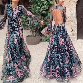 

2020 Sexy O Neck Fulll Sleeve Flower Printing Long Evening Dresses Sexy Open Back Elegant Long Dresses Evening Robe De Soirée