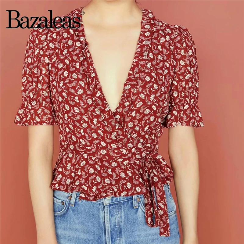 Bazaleas Vintage Red Floral Print blusas mujer de moda 2020 Ruffles V Neck Wrap women Blouse Holiday Shirt | Женская одежда