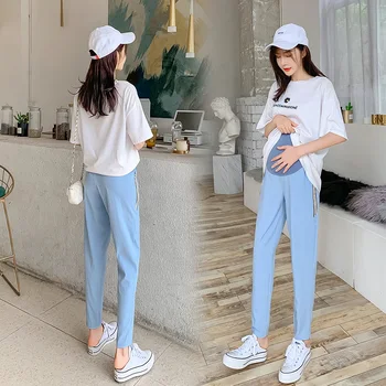 

607# Summer Korean Fashion Maternity Straight Pants High Waist Belly Sports Casual Pants Clothes for Pregnant Women Pregnancy