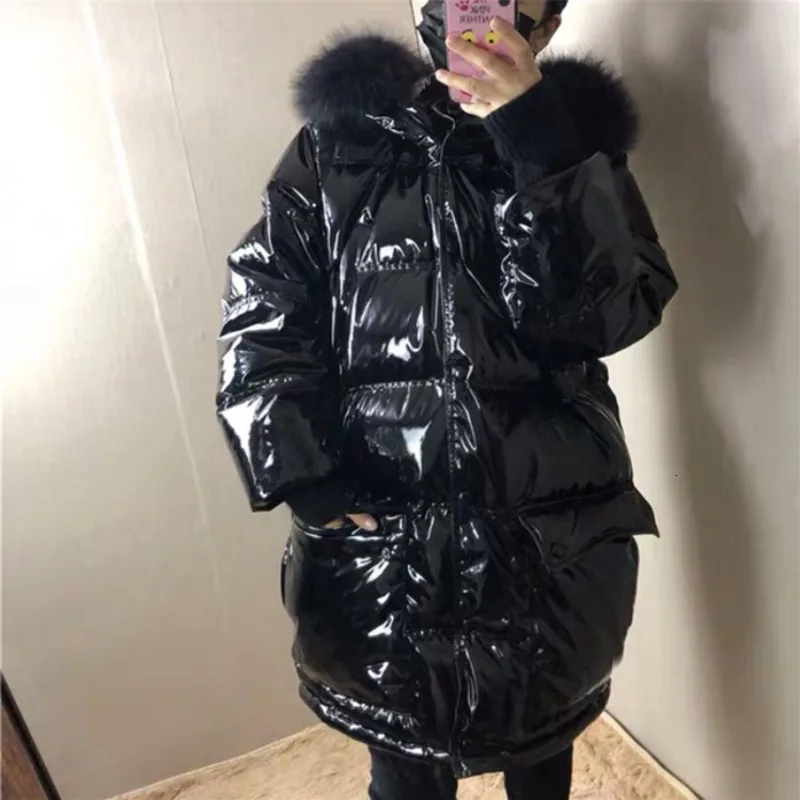 Модный осенний и зимний модный большой меховой воротник Толстая однотонная яркая с капюшоном пуховик женский PB715 - Цвет: black
