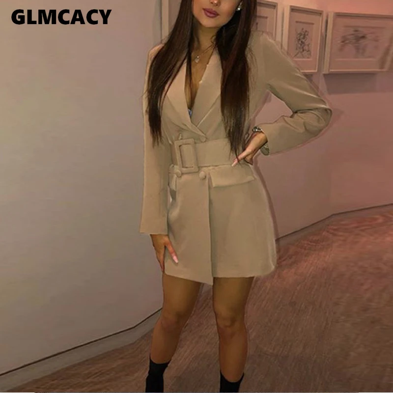 Women Office Lady Notched Double Breasted Long Sleeve Blazers Autumn Streetwear Solid Sashes Slim Long Blazers