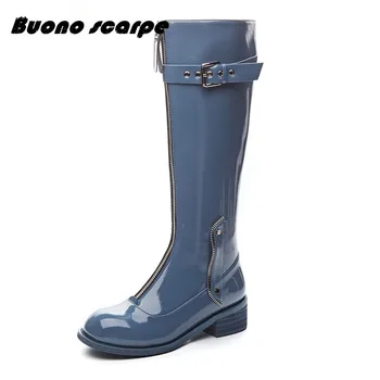 

2019 New Patent Leather Motorcycle Boots Cool Zipper Woman Combat Boots Autumn Spring Blue Mid Heels Women Shoes Knee High Boots