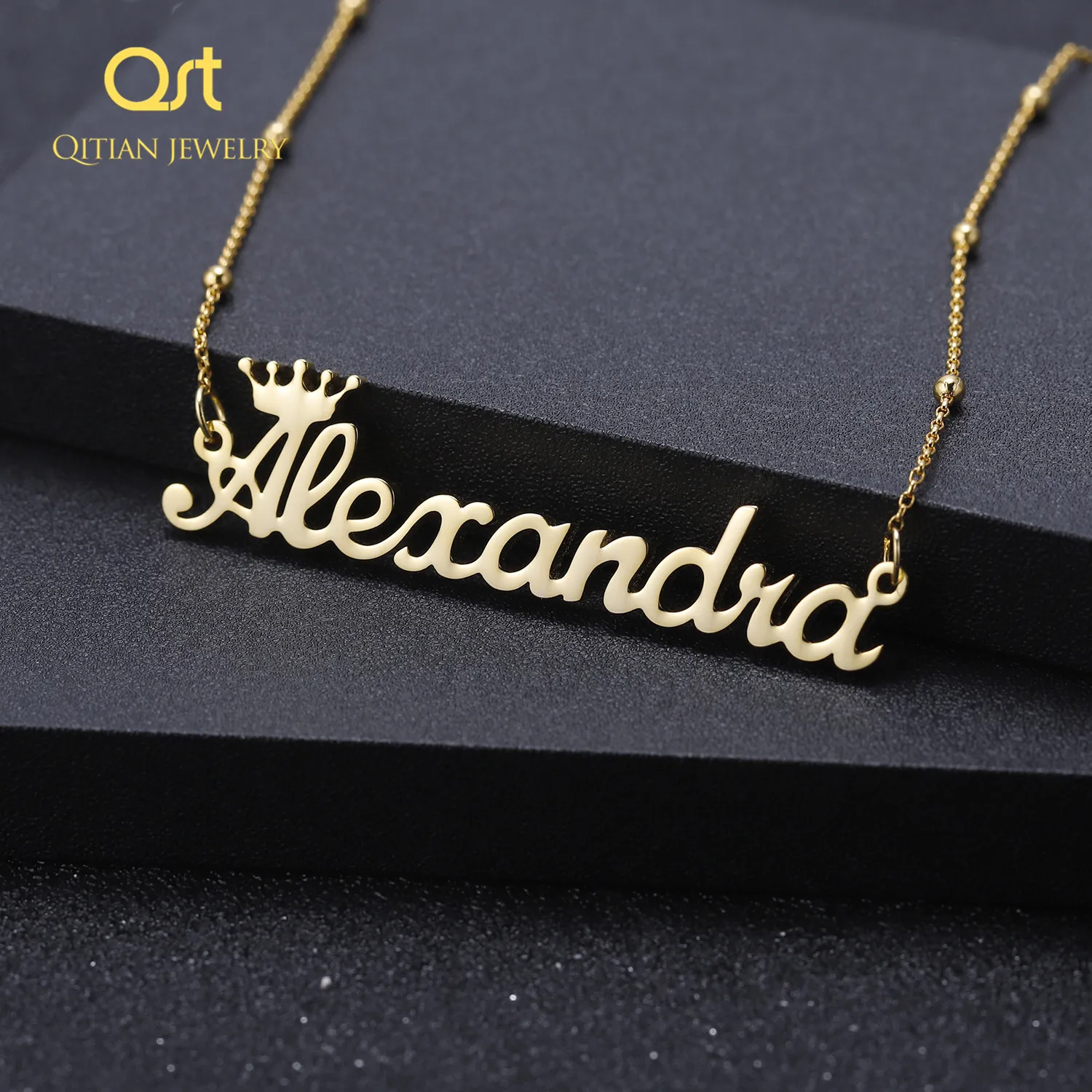 

Personalized Name Crown Necklace Handmade Custom Cursive Font Nameplate Pendant Stainless Steel beads Chain Jewelry for women