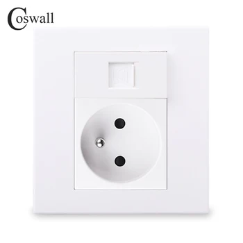 

Coswall PC Panel French Standard Wall Power Socket + 1 Gang 4 Core CAT3 RJ11 Telephone Outlet White Color Modular 86*86mm