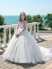 Long Beige Lace Beach Flower Girls Dresses for Wedding New Summer Boho Full Sleeve Holy Formal First Communion Dress for Kids