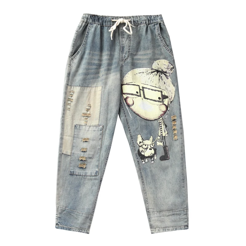 Для женщин Демисезонный модный бренд Винтаж Пёс из мультфильма для маленькой девочки, джинсовая рубашка с принтом в виде джинсовый женский Повседневный потертые штаны-шаровары