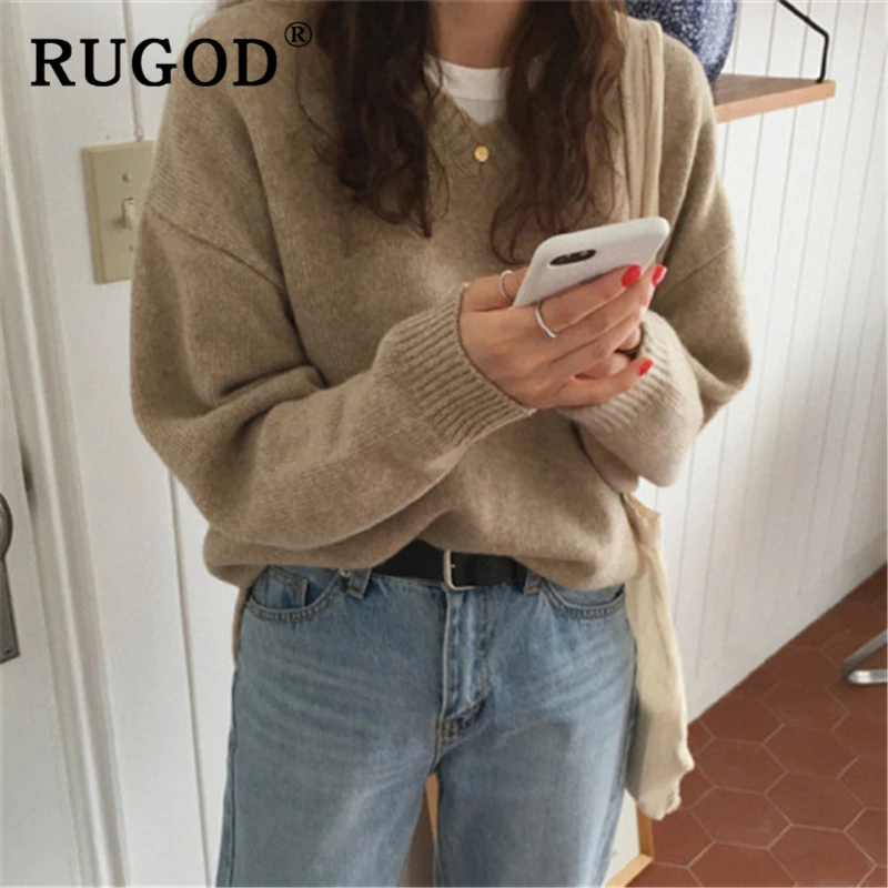 RUGOD, зимний теплый вязаный женский свитер, корейский шик, однотонный, v-образный вырез, большие размеры, пуловеры для женщин,, винтажная модная повседневная верхняя одежда