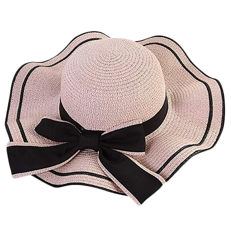 Женская модная большая соломенная шляпа Bowknot Floppy Складная сворачивающаяся УФ-защита пляжная шляпа от солнца пляжная кепка - Цвет: Pink