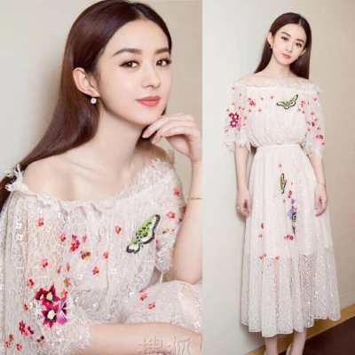 Zhao Liying Celebrity Style off-Shoulder Bell Sleeve Embroidered off-Shoulder Lace Dress Long Skirts Princess Dress Women's Fash