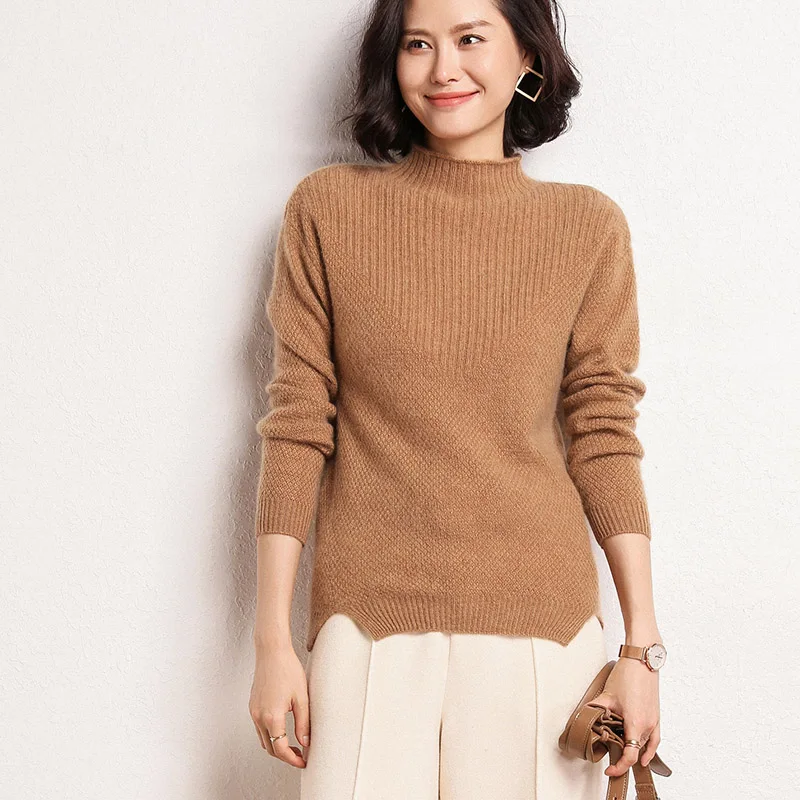 Autumn Winter New Women Cashmere Sweater Half high collar knit pullover female Solid slim warm sweater Hollow - Цвет: jin tuo