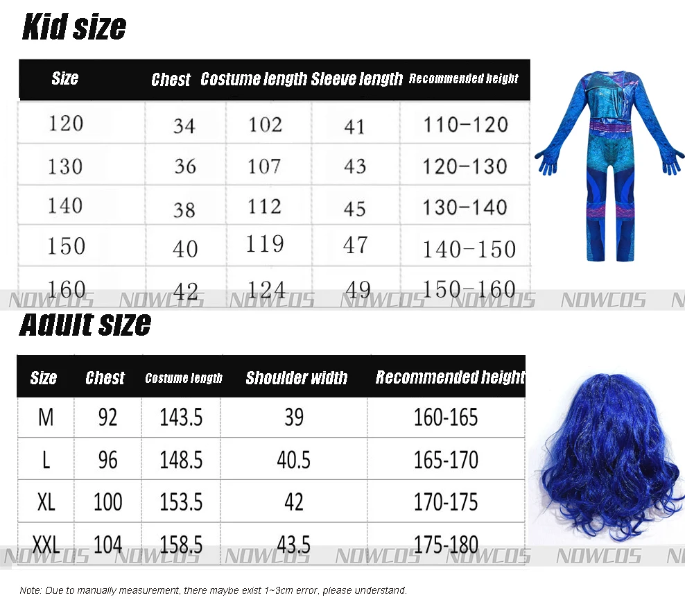 New Women Descendants 3 Evie Dark Blue Wavy Wig kids Adult Cosplay Costume+ Jumpsuits halloween costume for Children girls