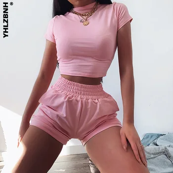 

YHLZBNH Women 2 Piece Set Short Sleeve Crop Tops + High Waist Shorts Summer Running Sport Gym Yoga Outfits Suits