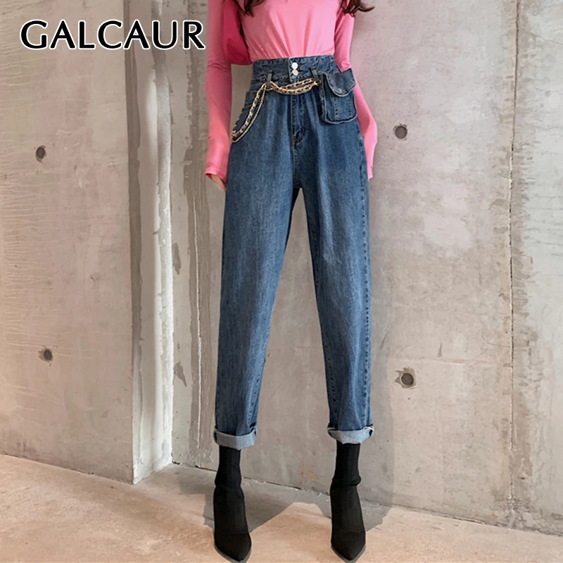 GALCAUR корейская мода джинсовые штаны для женщин высокая талия с цепным карманом