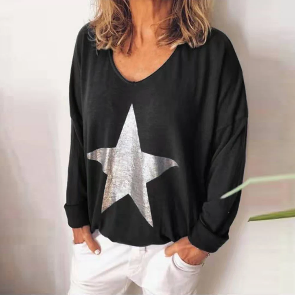 MoneRffi, осенняя трендовая Женская одежда, пуловер со звездным принтом, топы с v-образным вырезом, женские футболки с длинным рукавом, одноцветные топы размера плюс 5XL
