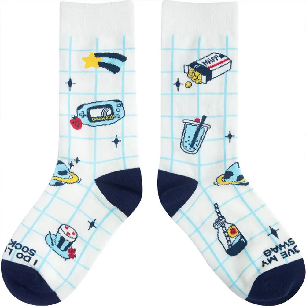 Yiwa Men Women Retro Style Cartoon Cotton Mid-calf Length Socks