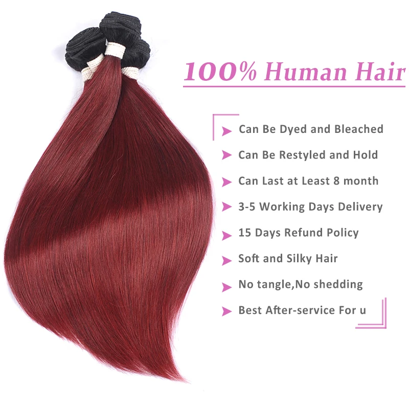 Pinshair T1B/99J красный бордовый цвет прямые человеческие волосы пряди с закрытием