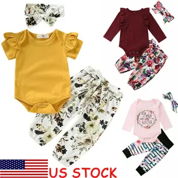 

Pudcoco Baby Girls Clothes Sets Long Sleeve Bodysuit Tops Floral Pants Headband 3Pcs Flowers Cotton Summer Infant Outfits 0-2Y